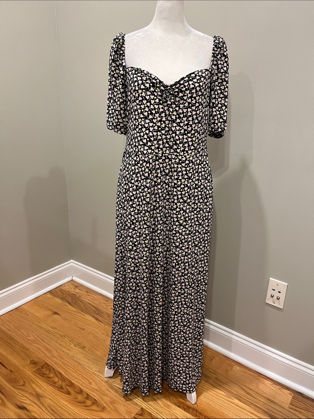 Boden Sweetheart Jersey Midi Maxi  Dress Black Flora Blossom